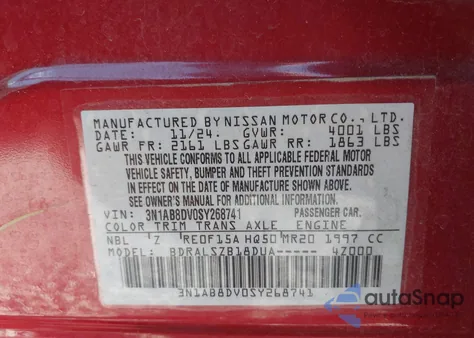 2025 Nissan Sentra Sr z USA, uszkodzony, nr VIN 3N1AB8DV0SY268741